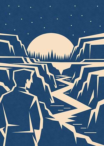 Minimalist Linocut with Man and Canyon