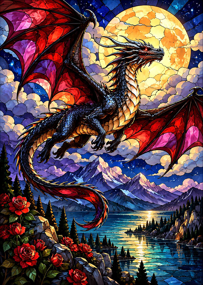 Stained Glass Dragon Over Moonlit Lake