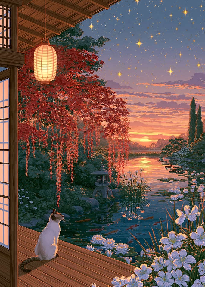 Cat Watching Sunset in Japanese Garden