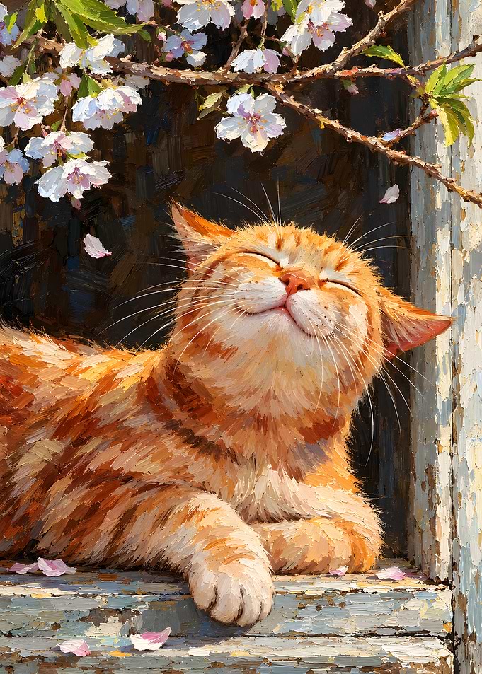 Happy Ginger Cat Under Cherry Blossoms