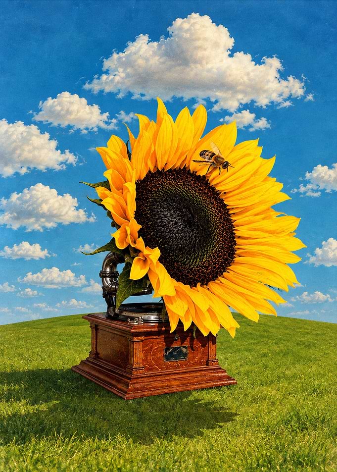 Sunflower Gramophone in a Meadow