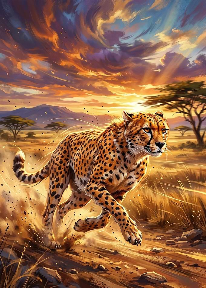 Cheetah Running Across African Savanna