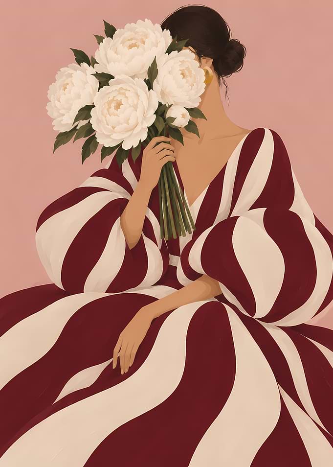 Woman in Striped Dress with Peonies