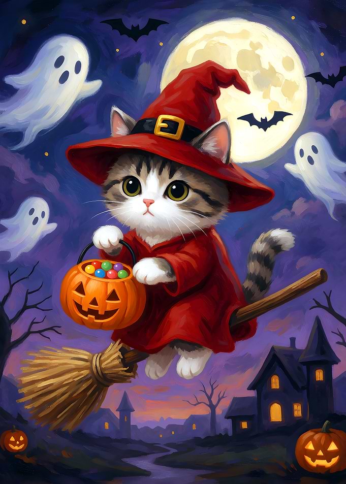 Cute Kitten Witch Flying on Broom