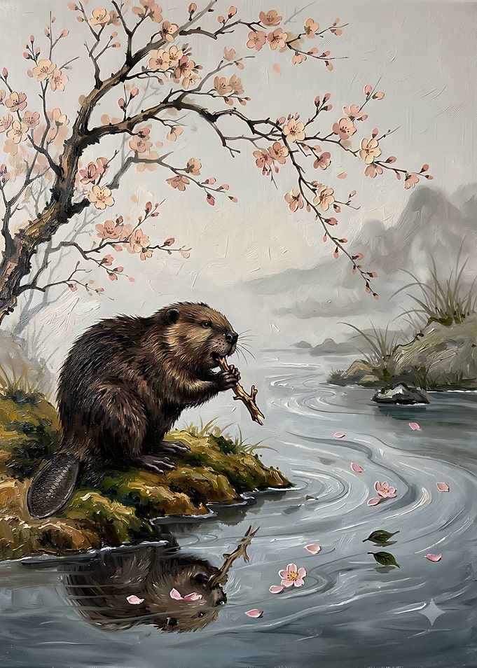 Beaver by a Cherry Blossom Stream