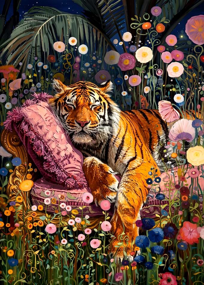 Tiger Resting on Ornate Pink Sofa