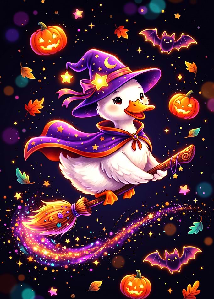 Cute Witch Duck Flying on Broomstick