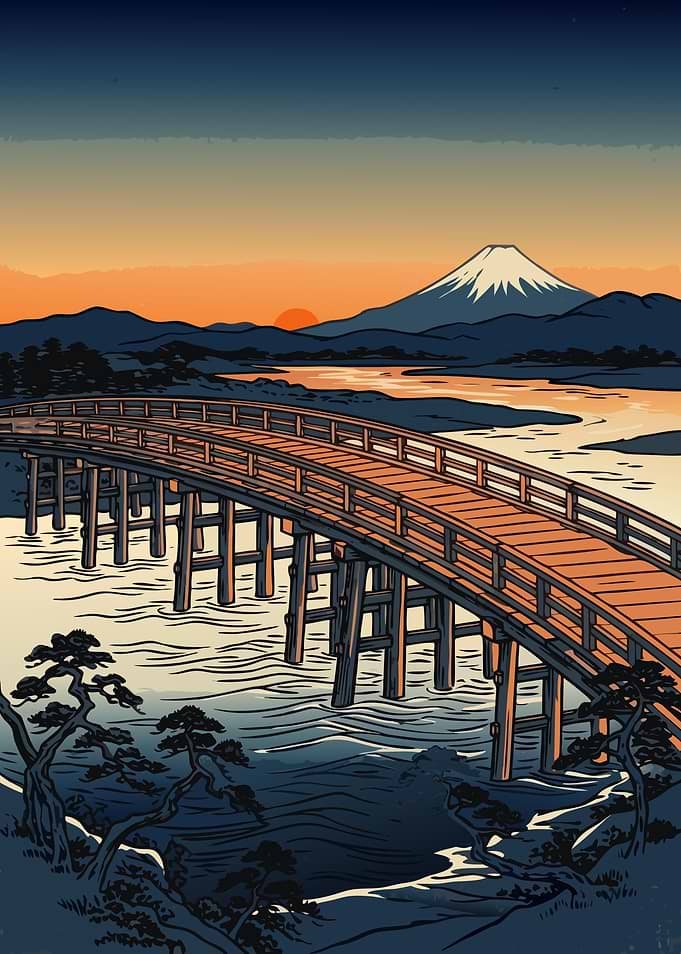 Ukiyo-e Style Mount Fuji Landscape