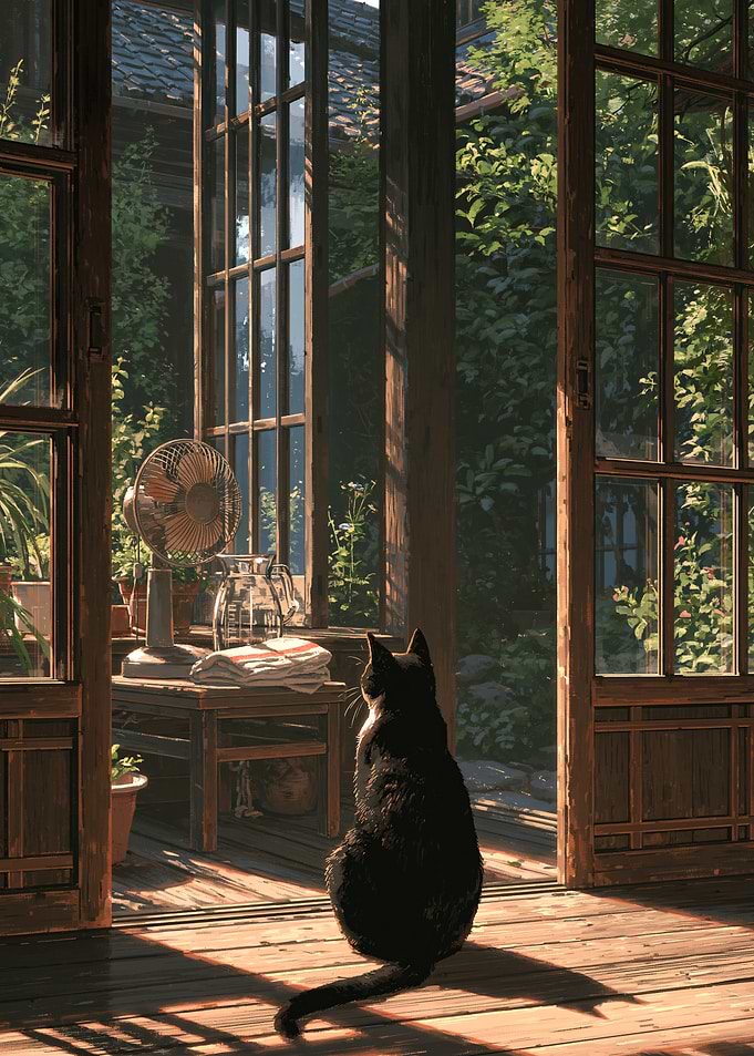 Black Cat Watching Garden View