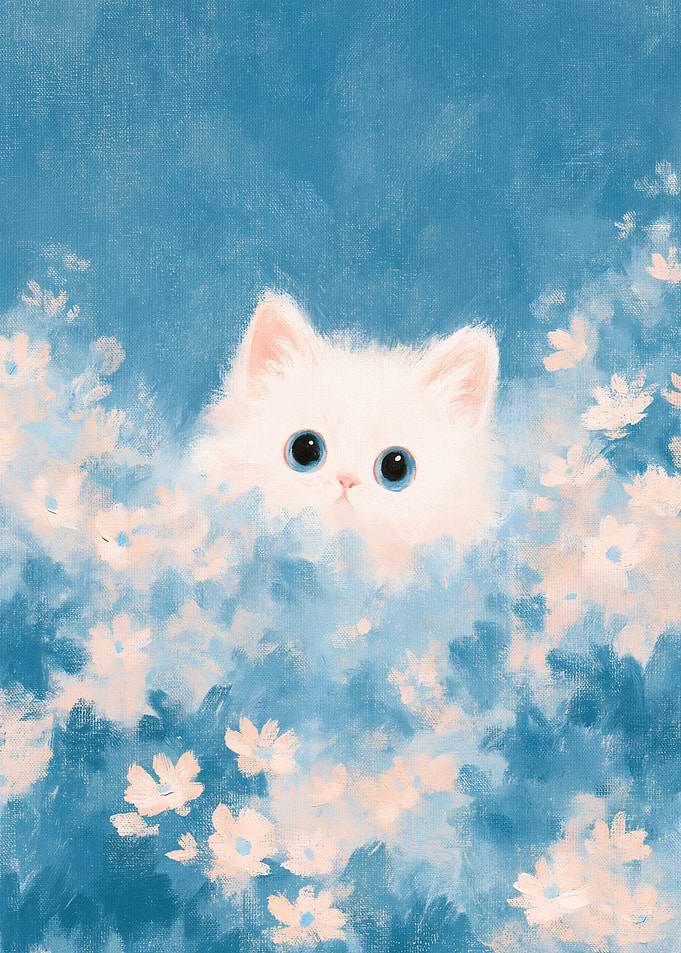 Cute White Kitten in Blue Flowers