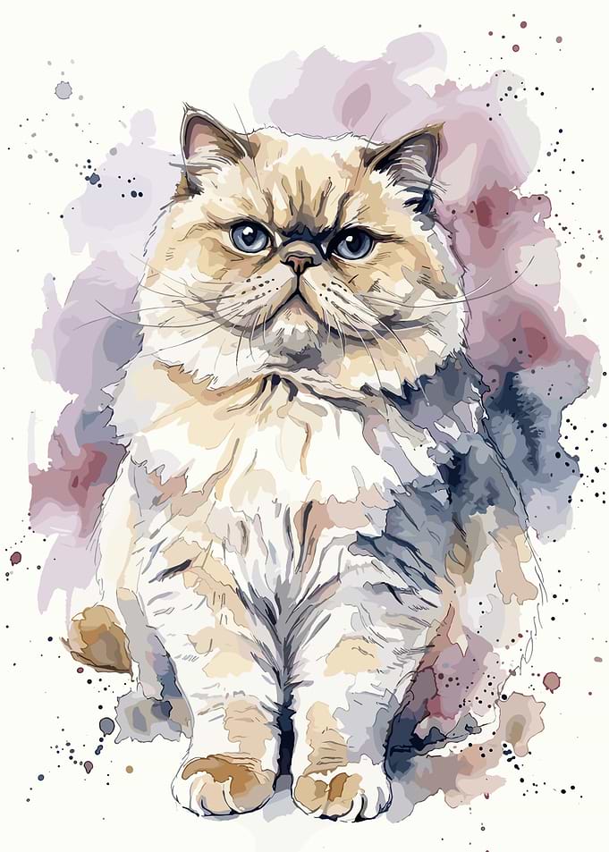 Watercolor Portrait of a Fluffy Cat