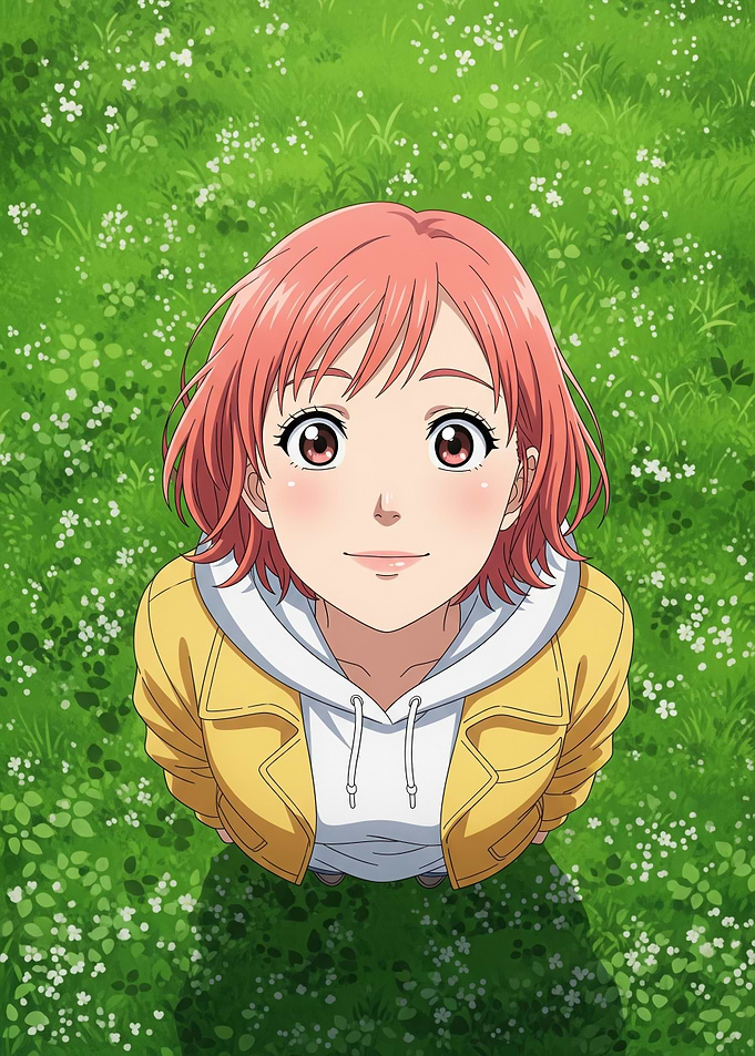 Anime Girl With Pink Hair Yellow Jacket White Hoodie In Green Flower Field Looking Upwards At Camera