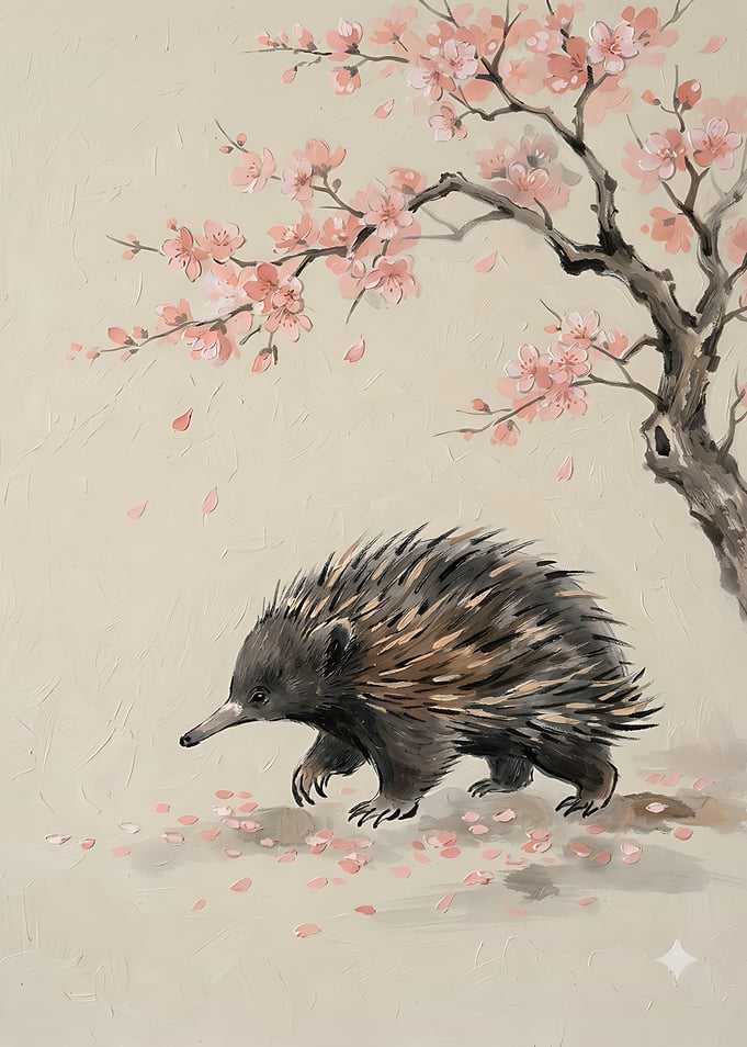 Echidna Walking Under Cherry Blossoms