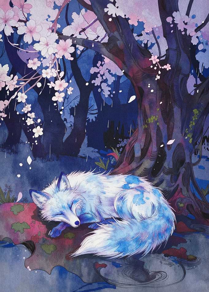 Sleeping Fox Cherry Blossom Art