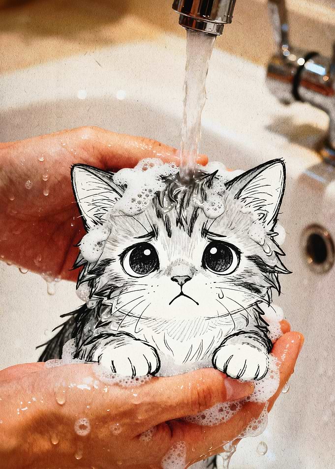 Sad Cat Bath Sketch Cute Poster