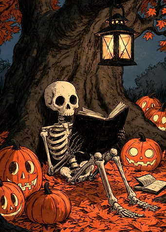 Resting Skeleton Reading Under Autumn Tree