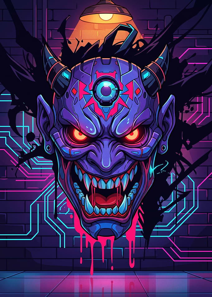 Cyberpunk Oni Mask Neon Illustration