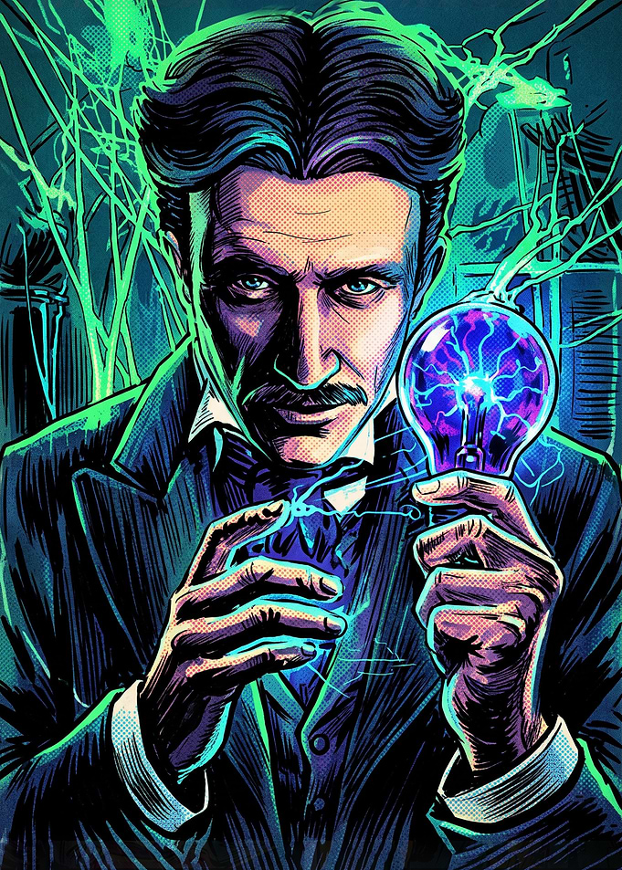 Nikola Tesla with Glowing Lightbulb