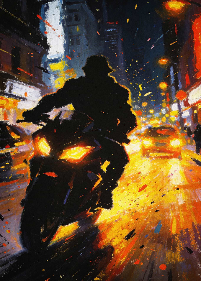 Biker Night City Impressionist Art