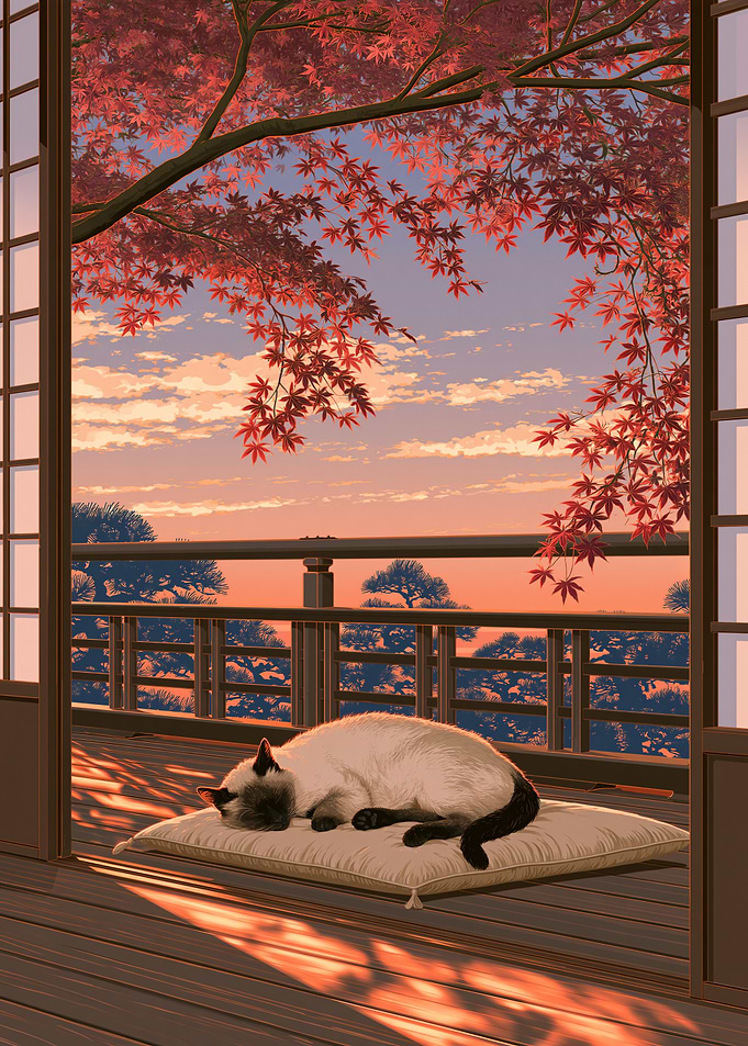 Siamese Cat Sleeping on Japanese Porch