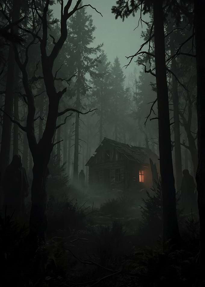Eerie Cabin in a Dark Forest