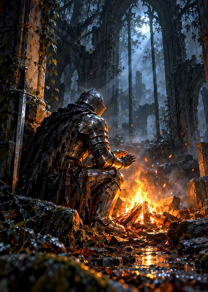 Knight Resting by a Campfire