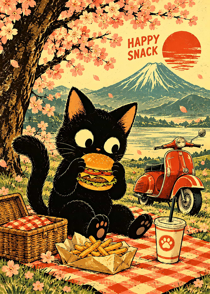 Black Cat Picnic Under Cherry Blossoms