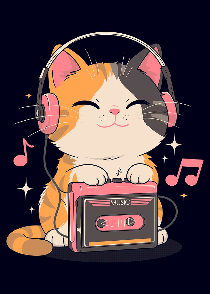 Cute Calico Cat Listening to Music