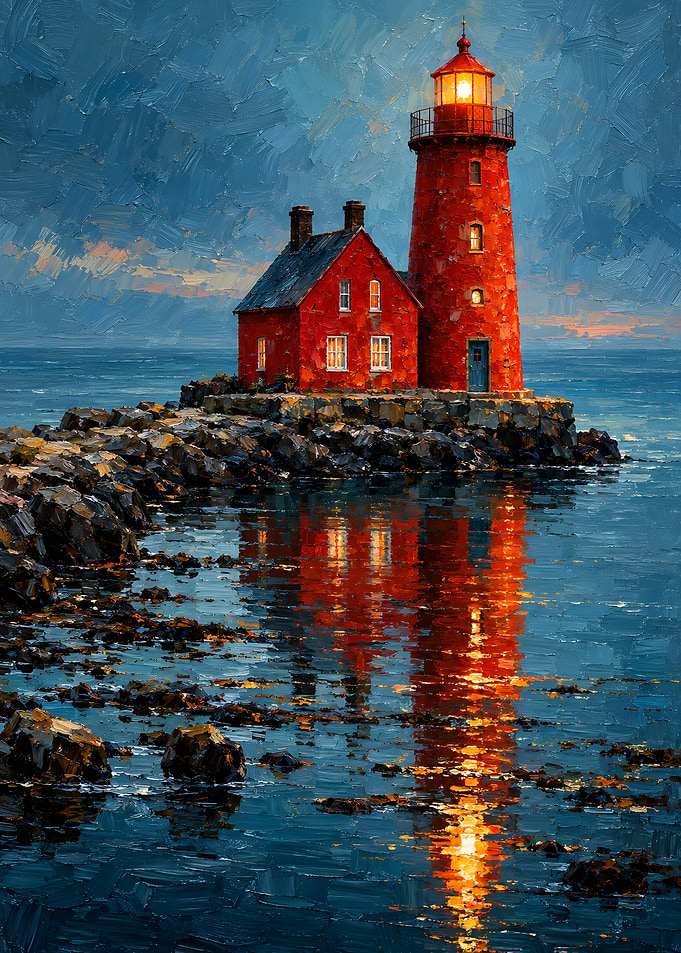 Red Lighthouse on Rocky Shore