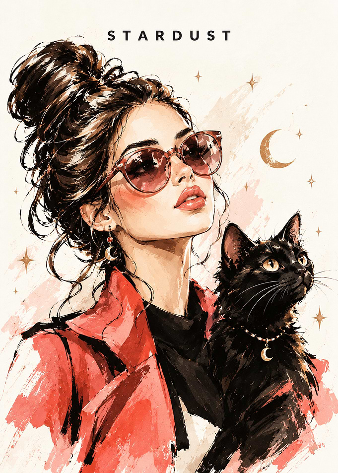 Stardust Fashion Illustration with Black Cat