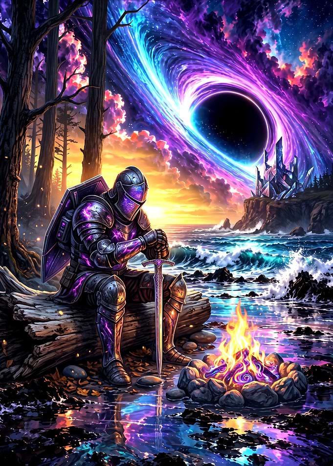 Knight Resting by Cosmic Campfire