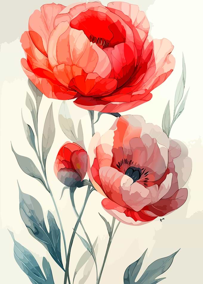 Elegant Red Peony Floral Illustration
