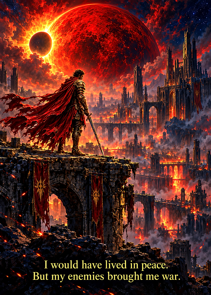 Red Rising Warrior Standing Over Burning Ruined City