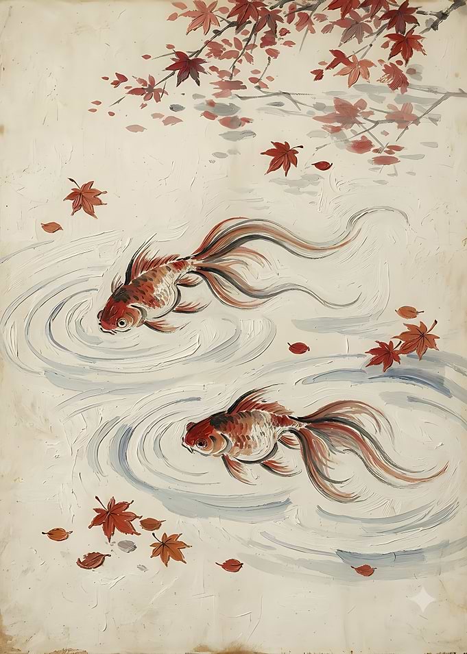 Goldfish Swimming Under Maple Leaves