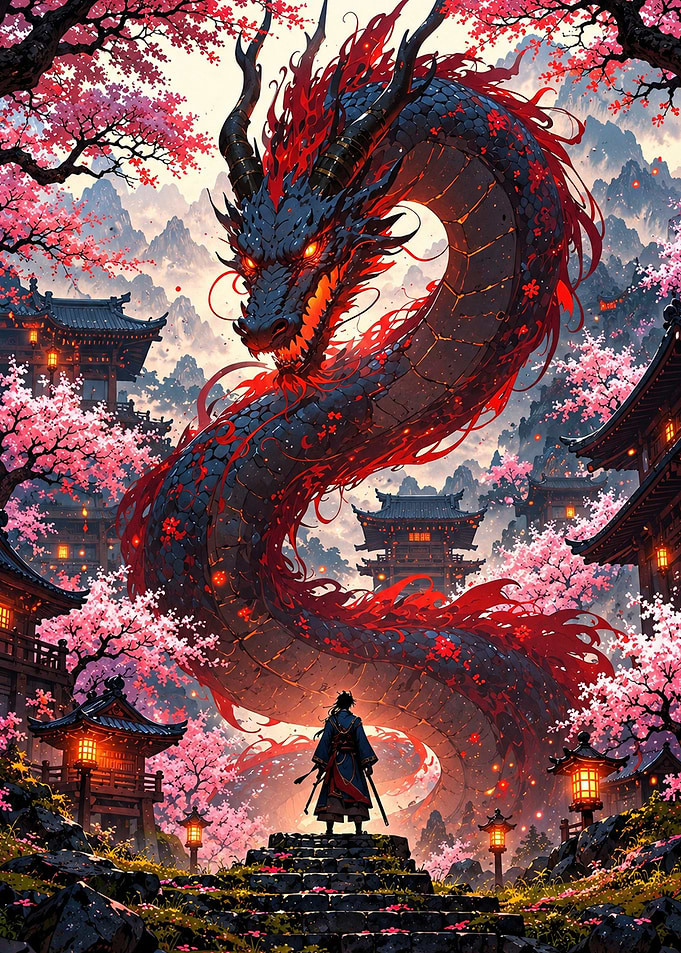 Samurai Facing a Majestic Dragon