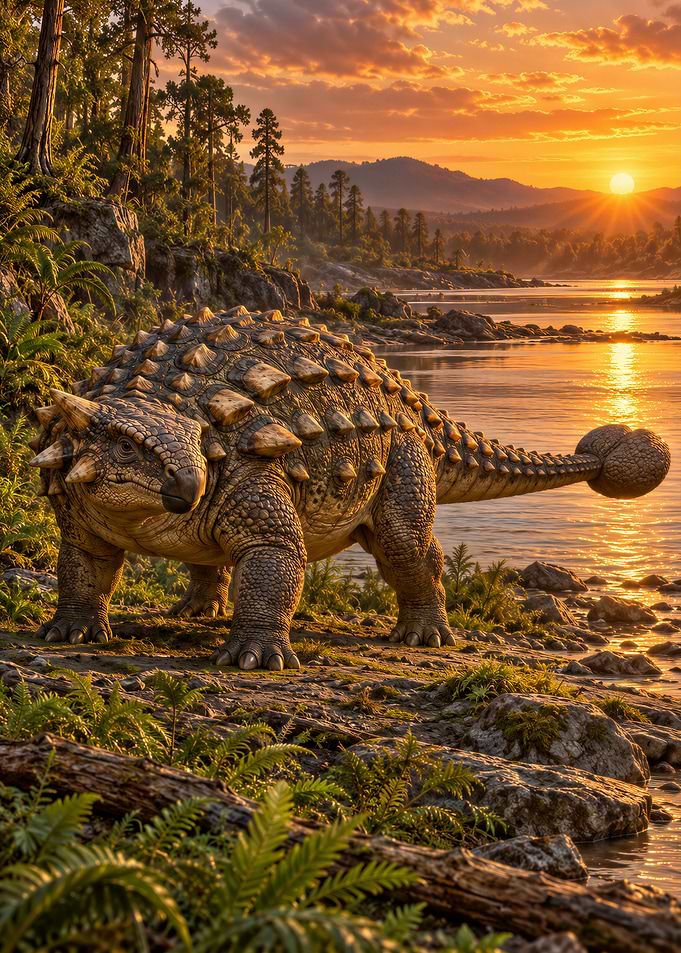 Ankylosaurus at Sunset by the River