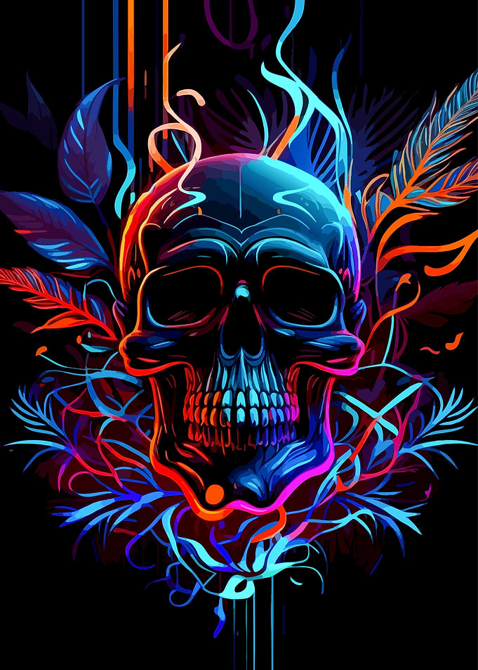 Neon Abstract Skull with Floral Elements