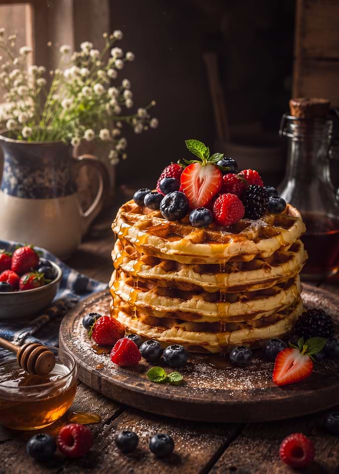 Stack of Waffles with Fresh Berries