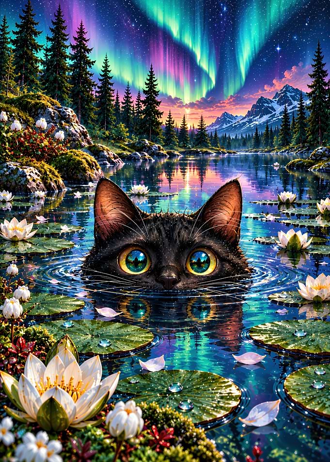 Black Cat in Magical Pond