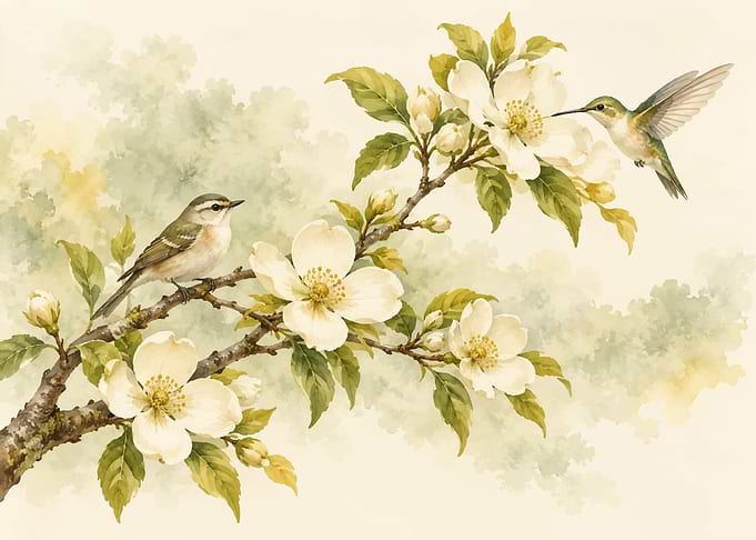 Hummingbird and Bird on Blossoming Branch
