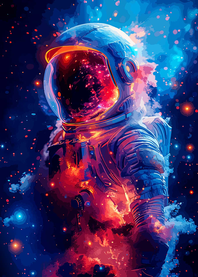 Astronaut in Vibrant Cosmic Nebula
