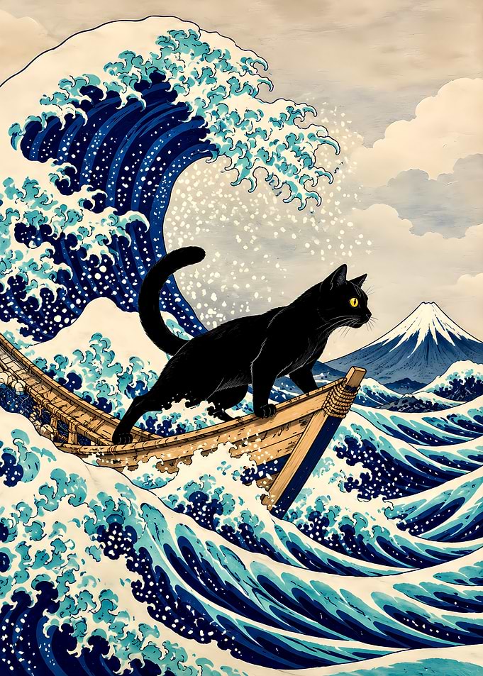 Black Cat on Great Wave