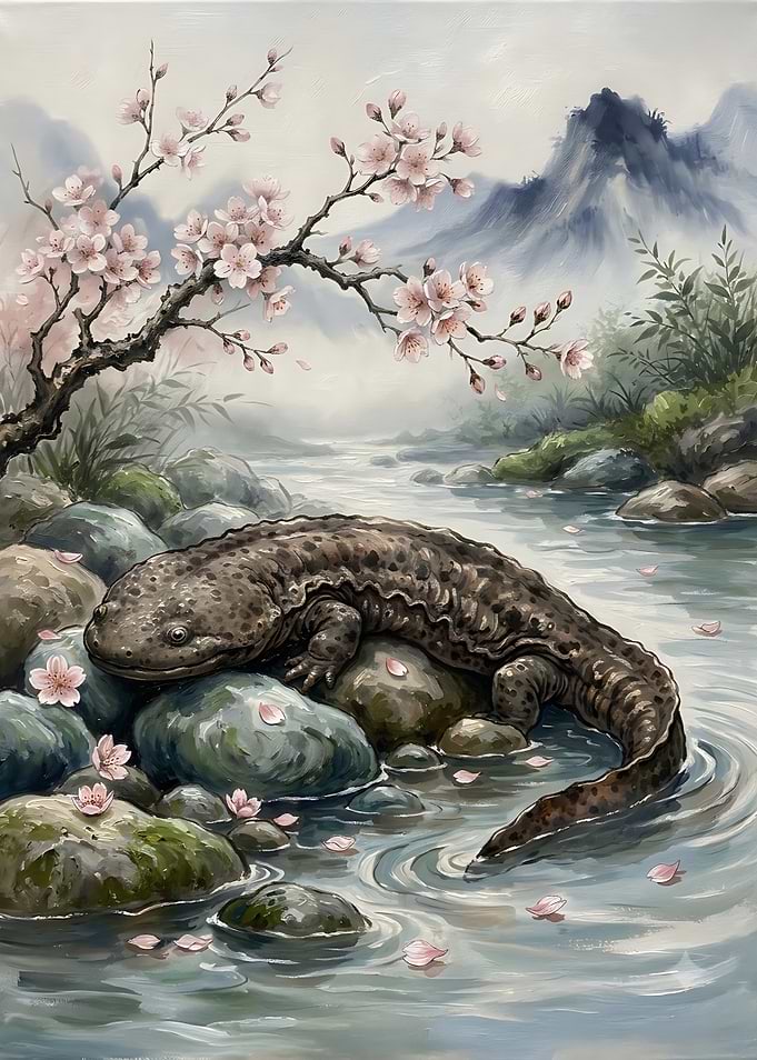 Giant Salamander by Cherry Blossoms
