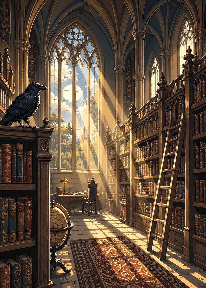 Gothic Library with Raven and Sunlight