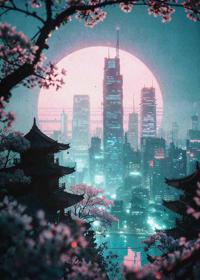 Cyberpunk City Cherry Blossom Art