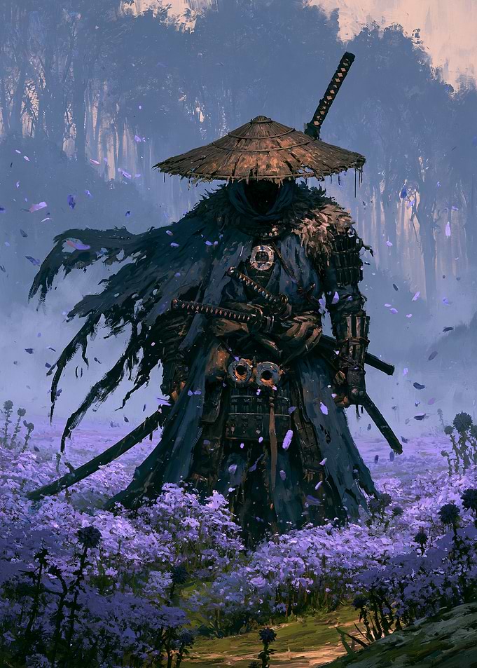 Lone Samurai in Purple Flower Field