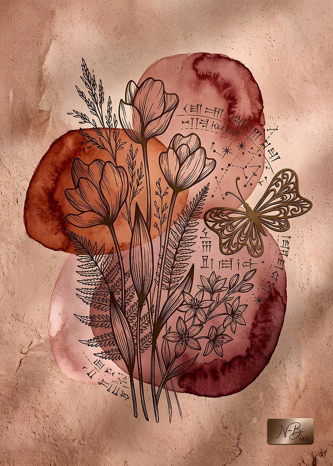 Boho Floral Watercolor Art with Symbols