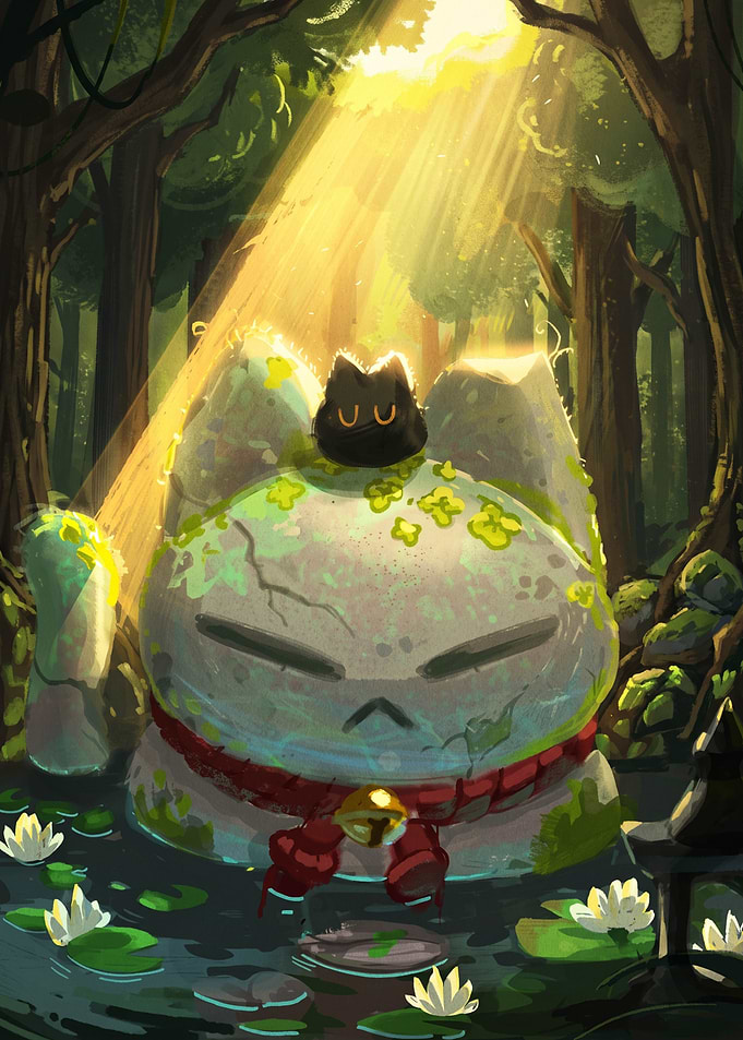 Stone Cat Statue in Forest Pond