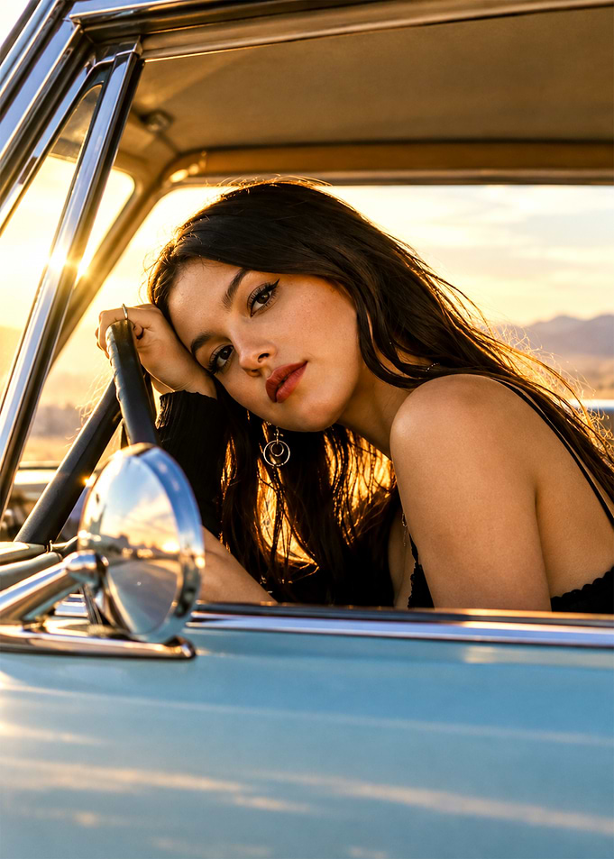 Woman Posing in Vintage Car