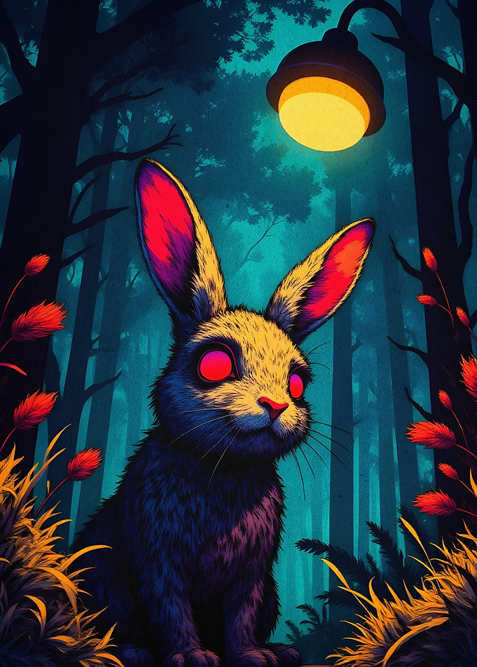 Neon Bunny Forest Surreal Art